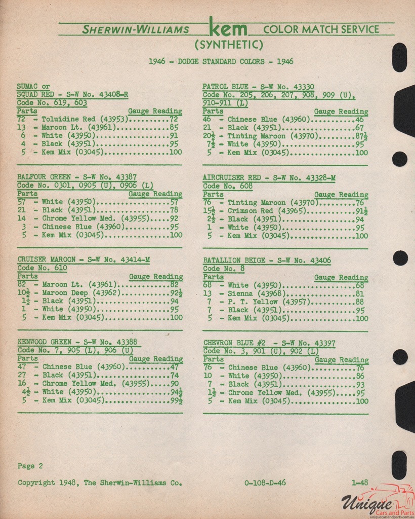 1946 Dodge Paint Charts Williams 6